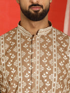 Luxe Men's Cotton Silk Heavy Embroidered Daman Work Straight Kurta - Brown