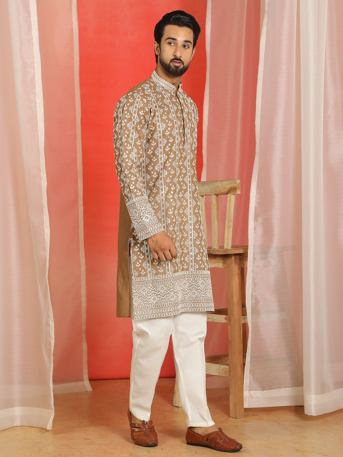 Luxe Men's Cotton Silk Heavy Embroidered Daman Work Straight Kurta - Brown