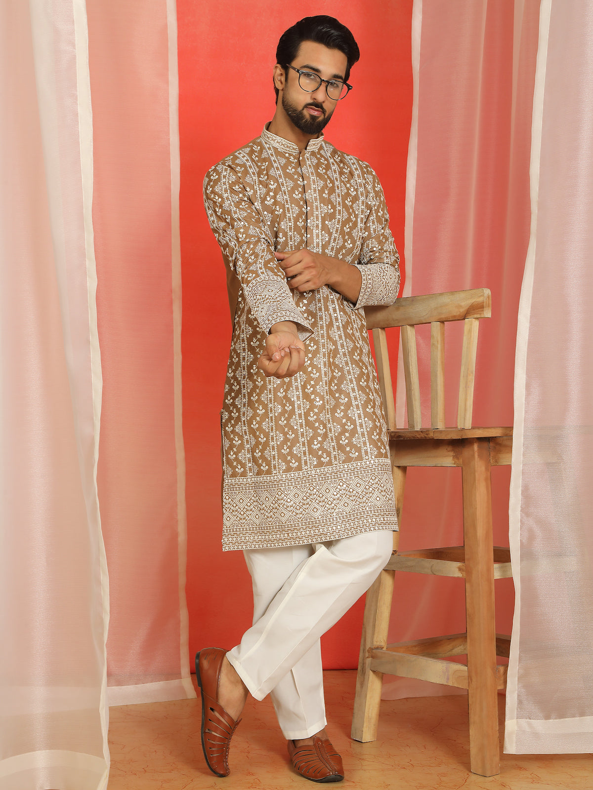 Luxe Men's Cotton Silk Heavy Embroidered Daman Work Straight Kurta - Brown