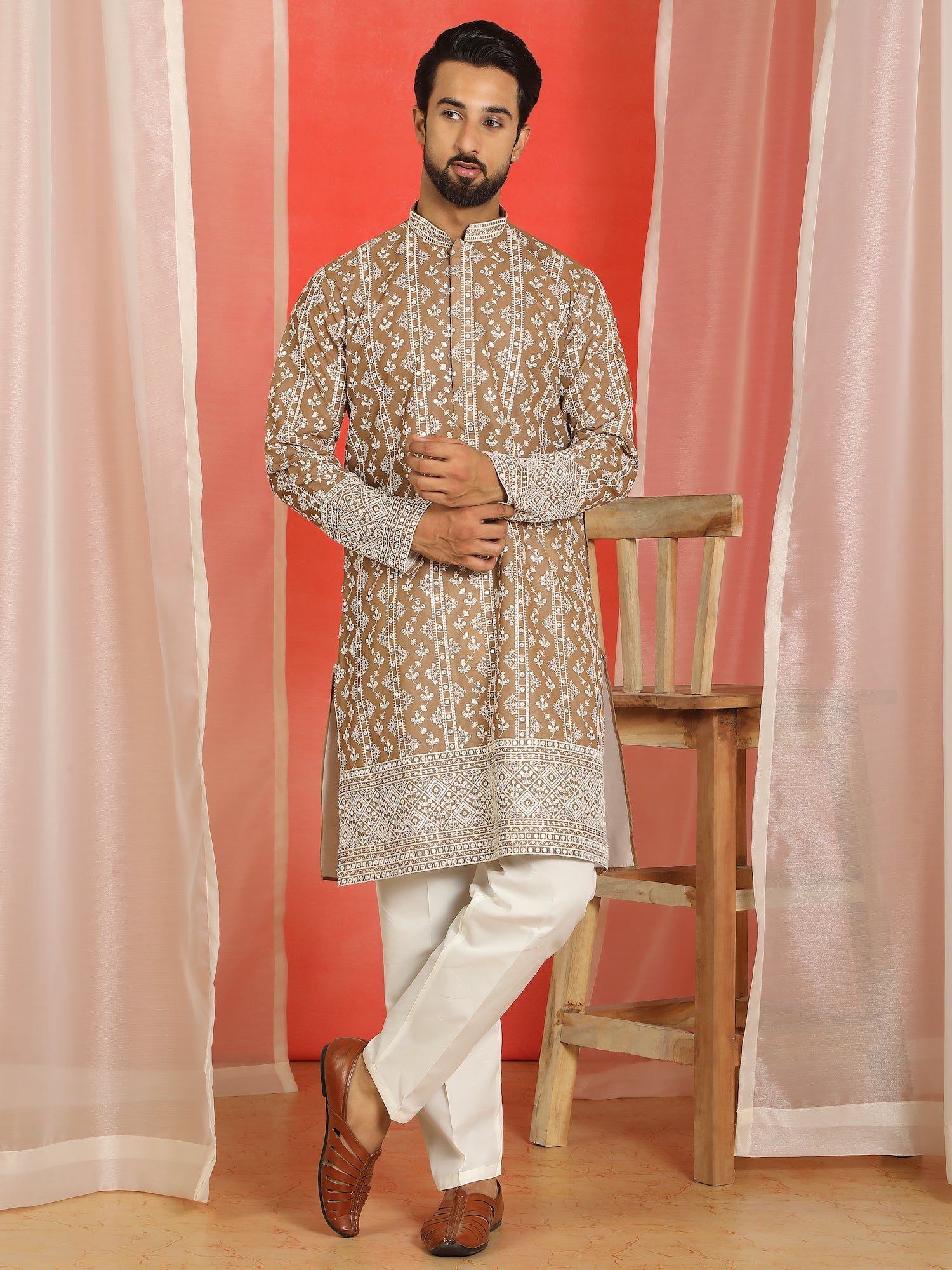 Luxe Men's Cotton Silk Heavy Embroidered Daman Work Straight Kurta with Trouser Set - Brown