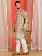 Luxe Men's Cotton Silk Heavy Embroidered Daman Work Straight Kurta with Trouser Set - Brown