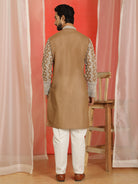 Luxe Men's Cotton Silk Heavy Embroidered Daman Work Straight Kurta with Trouser Set - Brown