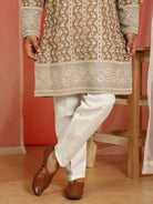 Luxe Men's Cotton Silk Heavy Embroidered Daman Work Straight Kurta with Trouser Set - Brown