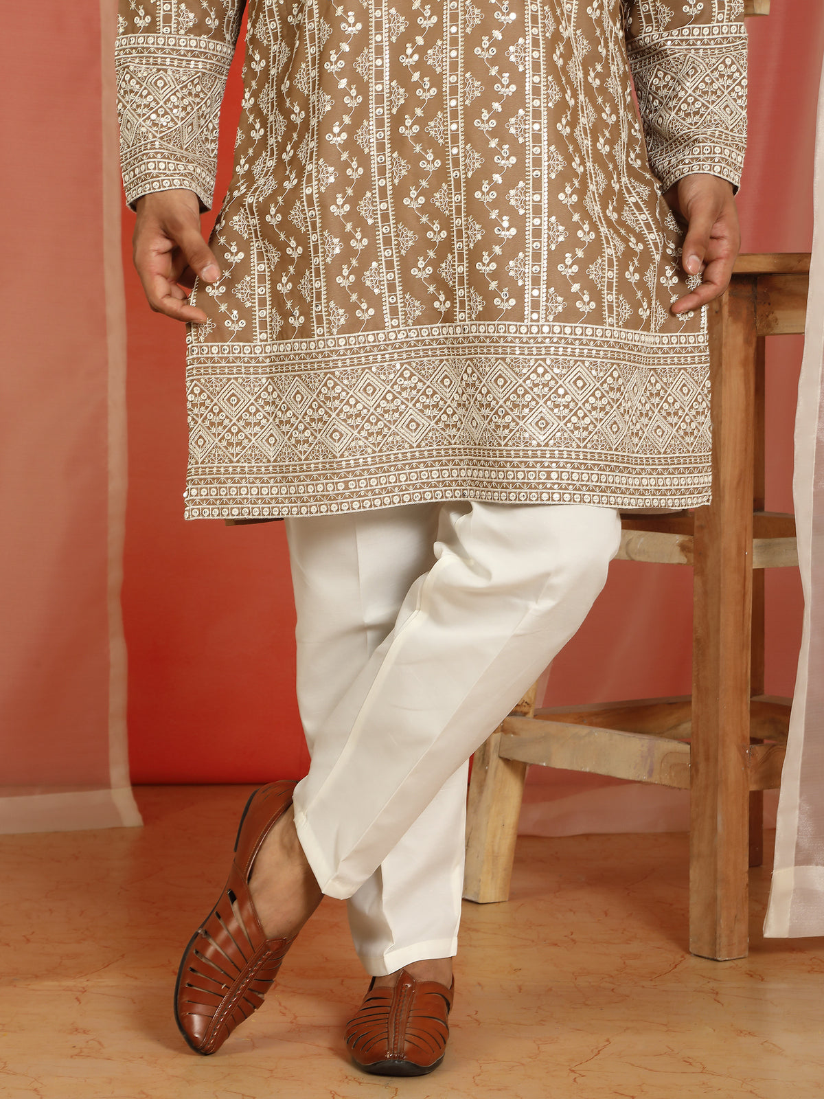 Luxe Men's Cotton Silk Heavy Embroidered Daman Work Straight Kurta with Trouser Set - Brown