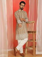 Luxe Men's Cotton Silk Heavy Embroidered Daman Work Straight Kurta with Trouser Set - Brown