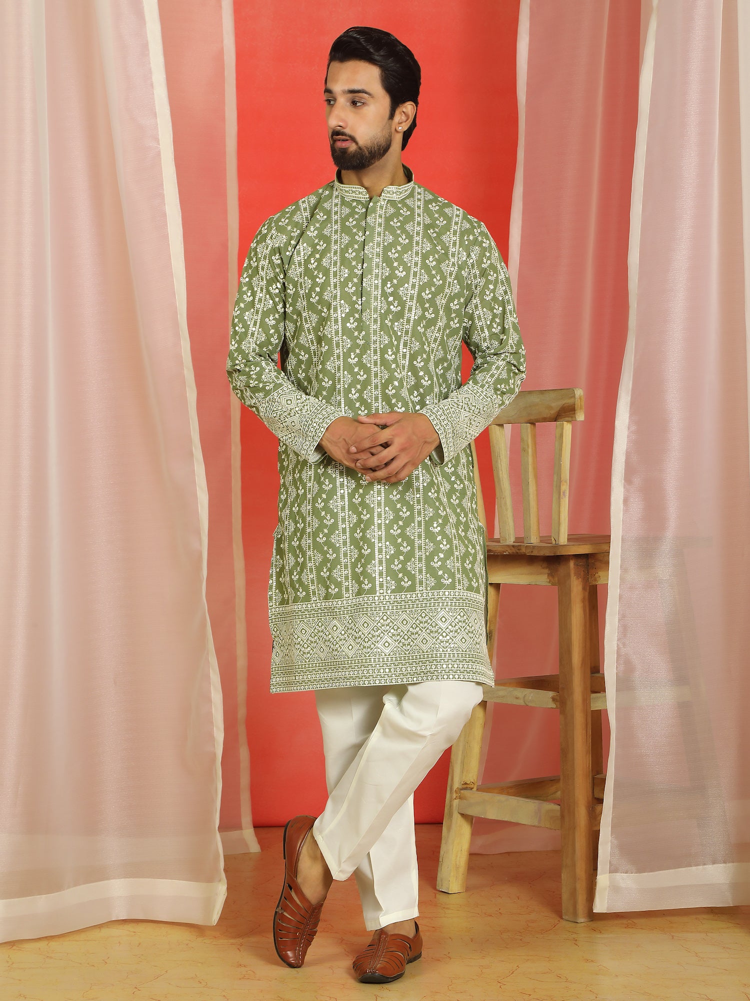 Luxe Men's Cotton Silk Heavy Embroidered Daman Work Straight Kurta - Mehndi