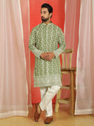 Luxe Men's Cotton Silk Heavy Embroidered Daman Work Straight Kurta - Mehndi