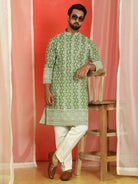 Luxe Men's Cotton Silk Heavy Embroidered Daman Work Straight Kurta - Mehndi