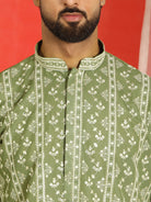 Luxe Men's Cotton Silk Heavy Embroidered Daman Work Straight Kurta - Mehndi