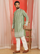 Luxe Men's Cotton Silk Heavy Embroidered Daman Work Straight Kurta - Mehndi