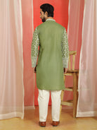 Luxe Men's Cotton Silk Heavy Embroidered Daman Work Straight Kurta - Mehndi