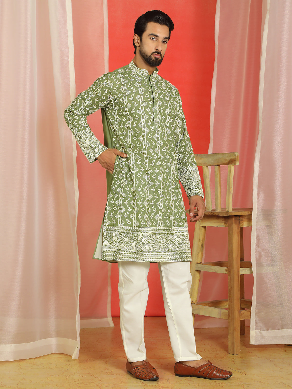 Luxe Men's Cotton Silk Heavy Embroidered Daman Work Straight Kurta - Mehndi