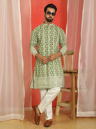 Luxe Men's Cotton Silk Heavy Embroidered Daman Work Straight Kurta - Mehndi