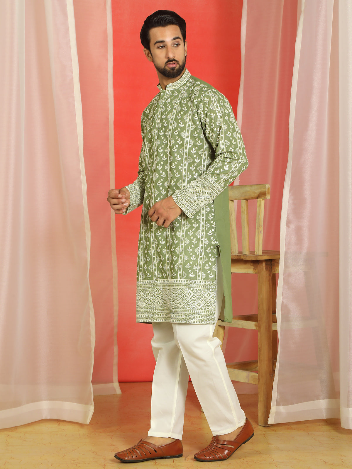 Luxe Men's Cotton Silk Heavy Embroidered Daman Work Straight Kurta with Trouser Set - Mehndi