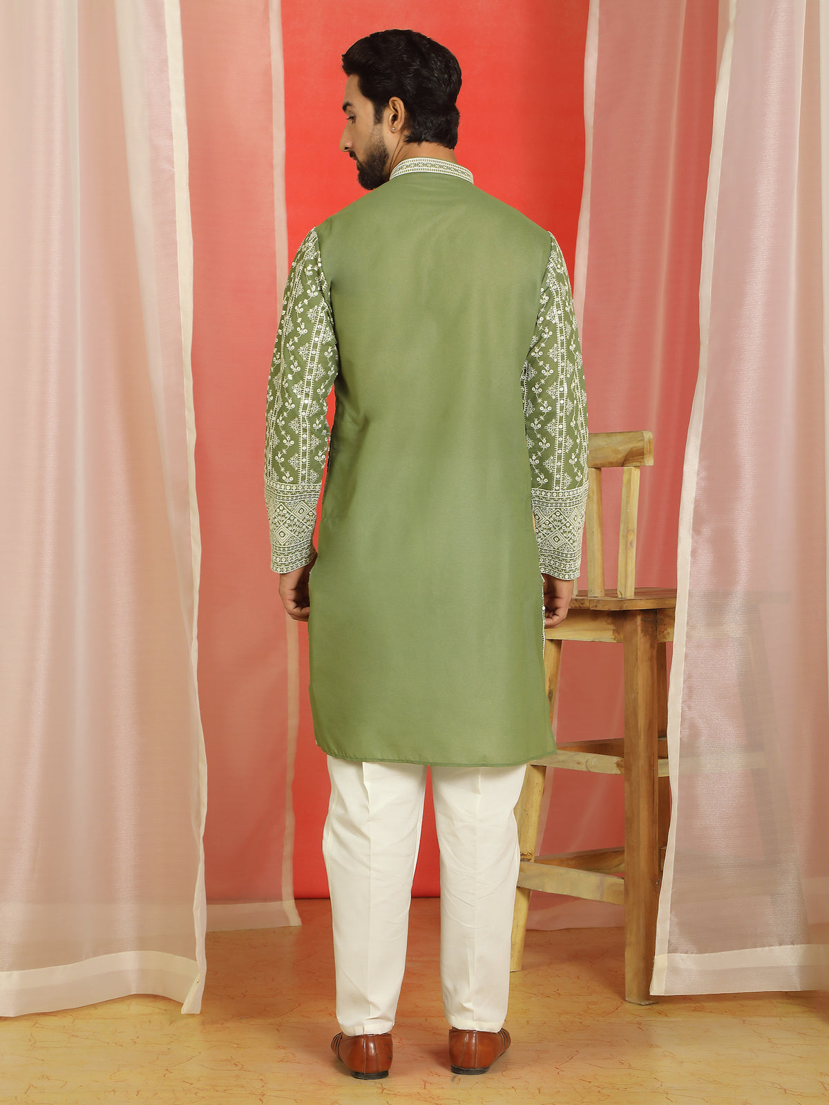 Luxe Men's Cotton Silk Heavy Embroidered Daman Work Straight Kurta with Trouser Set - Mehndi