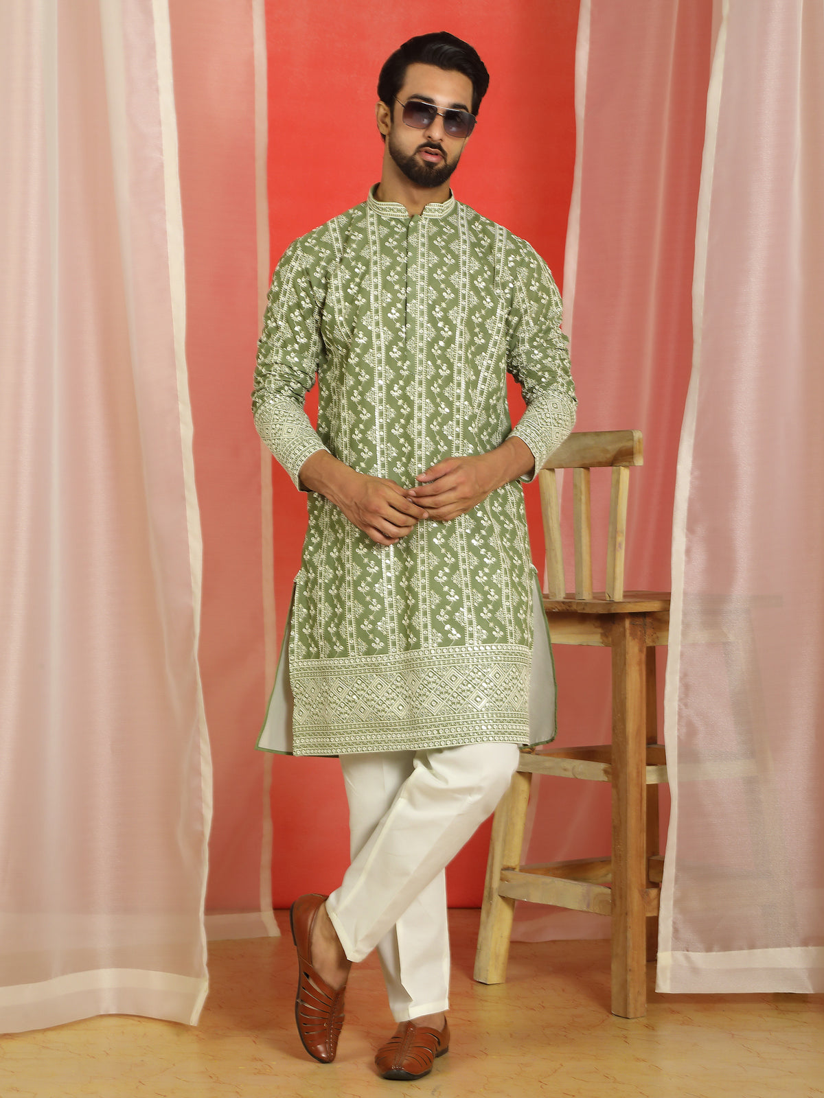 Luxe Men's Cotton Silk Heavy Embroidered Daman Work Straight Kurta with Trouser Set - Mehndi