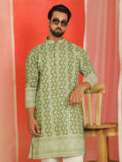 Luxe Men's Cotton Silk Heavy Embroidered Daman Work Straight Kurta with Trouser Set - Mehndi
