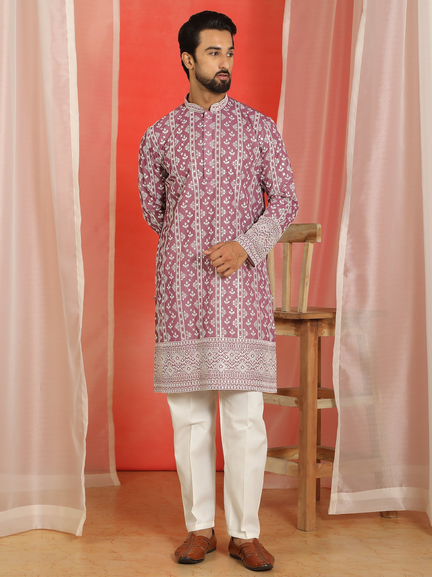Luxe Men's Cotton Silk Heavy Embroidered Daman Work Straight Kurta - Wine