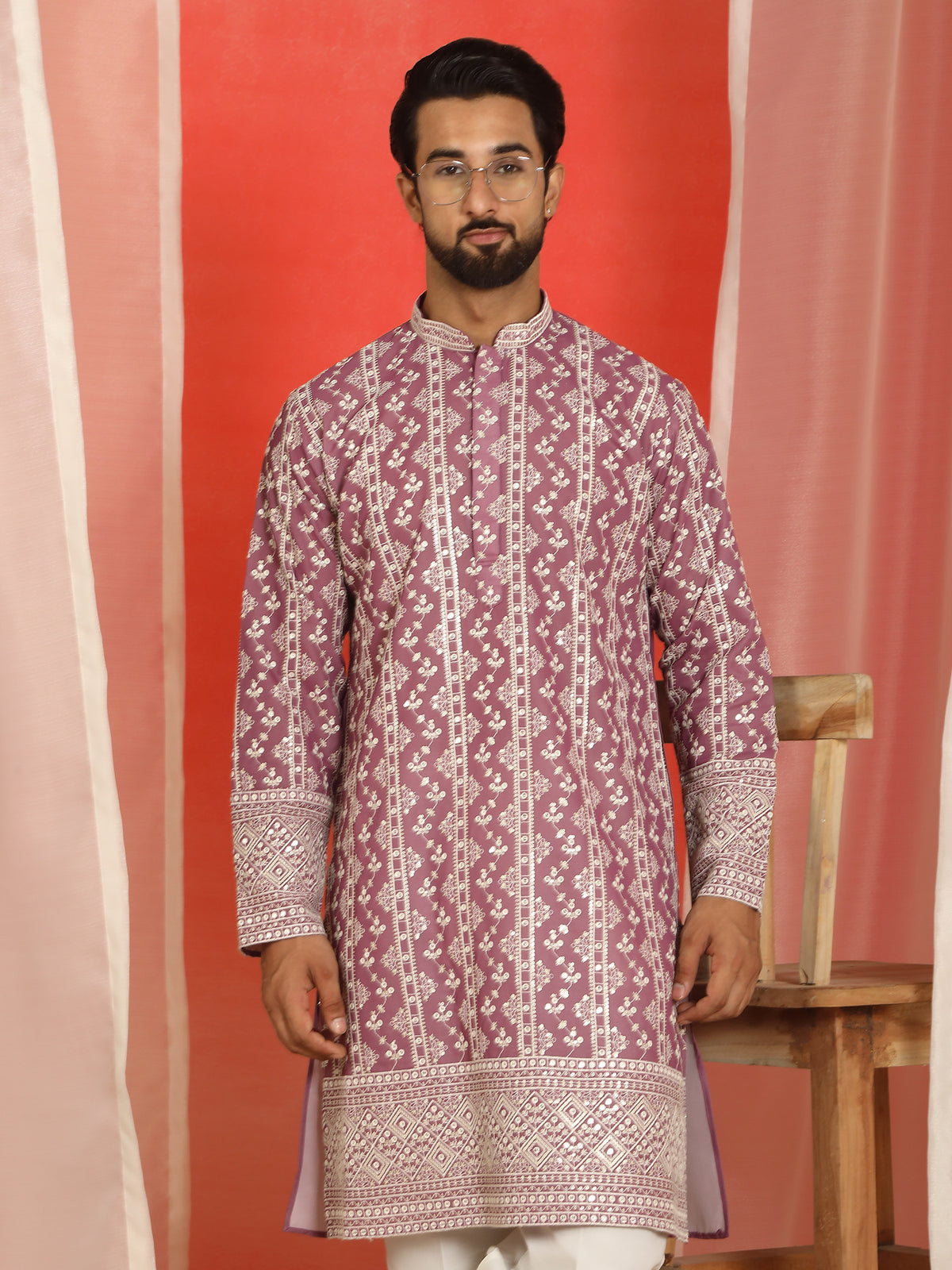 Luxe Men's Cotton Silk Heavy Embroidered Daman Work Straight Kurta - Wine
