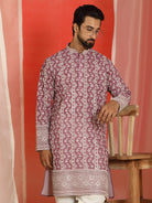 Luxe Men's Cotton Silk Heavy Embroidered Daman Work Straight Kurta - Wine