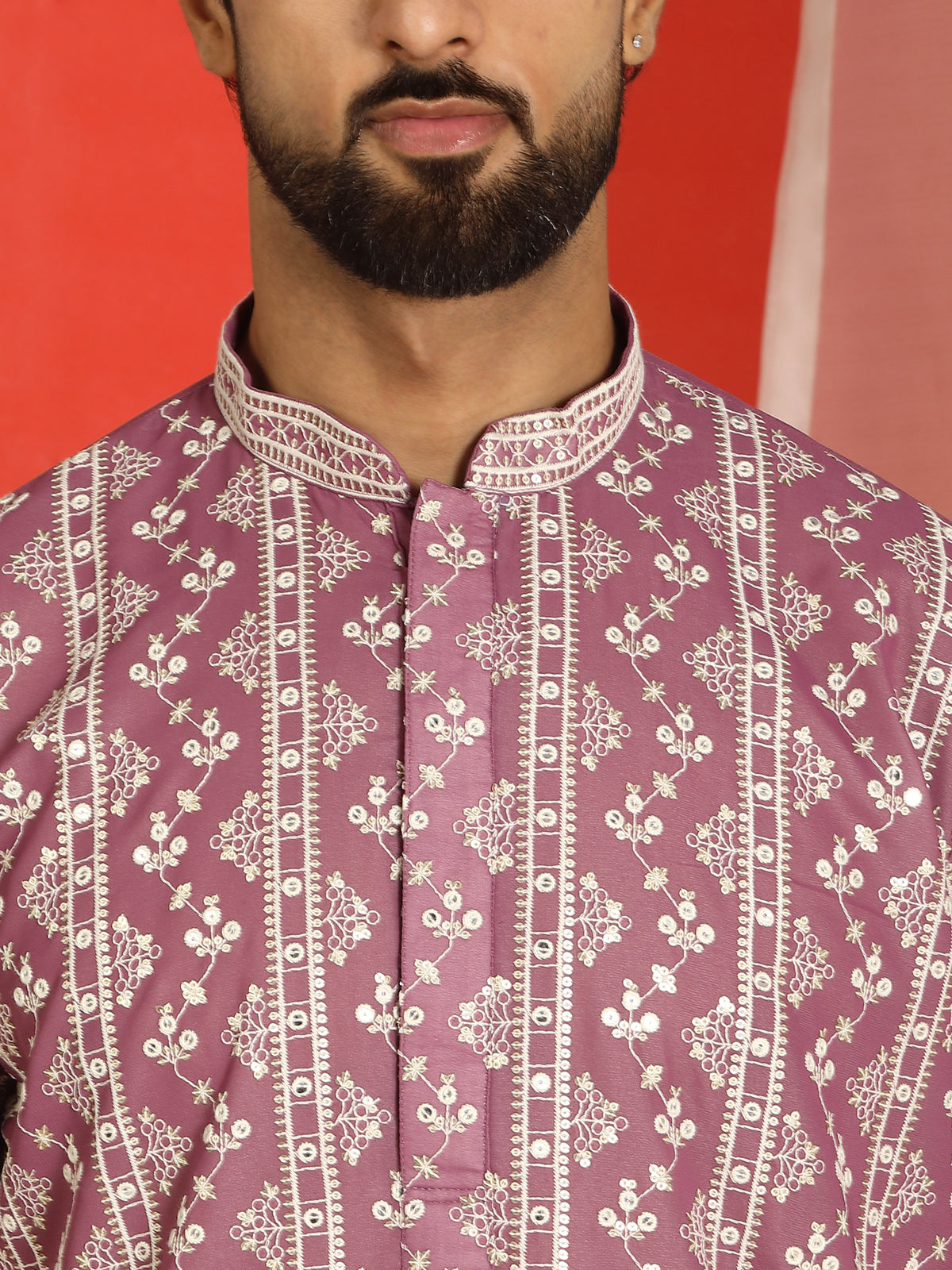 Luxe Men's Cotton Silk Heavy Embroidered Daman Work Straight Kurta - Wine