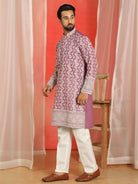 Luxe Men's Cotton Silk Heavy Embroidered Daman Work Straight Kurta with Trouser Set - Wine