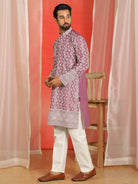 Luxe Men's Cotton Silk Heavy Embroidered Daman Work Straight Kurta with Trouser Set - Wine