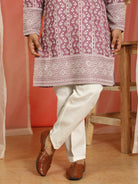 Luxe Men's Cotton Silk Heavy Embroidered Daman Work Straight Kurta with Trouser Set - Wine