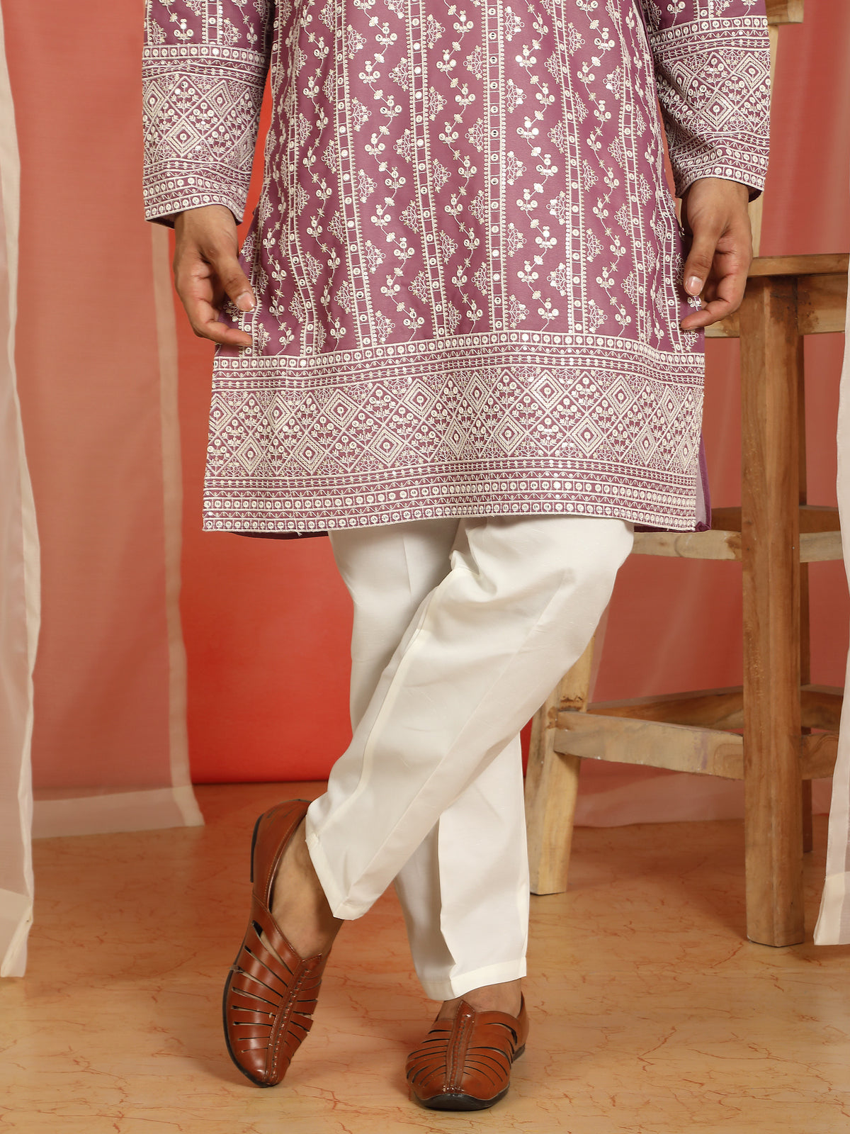 Luxe Men's Cotton Silk Heavy Embroidered Daman Work Straight Kurta with Trouser Set - Wine