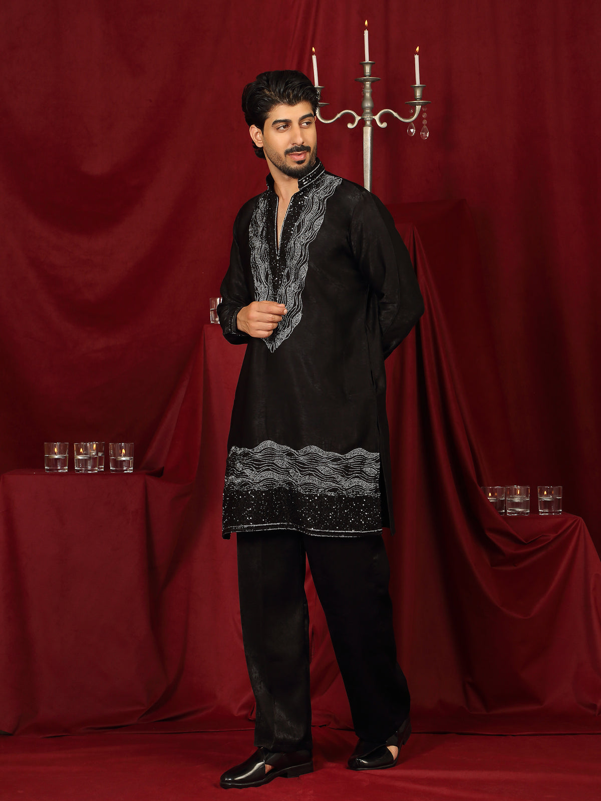 Luxe Men's Velvet Fabric Zari Embroidered with Beads & Sequin Work Kurta with Trouser Set - Black
