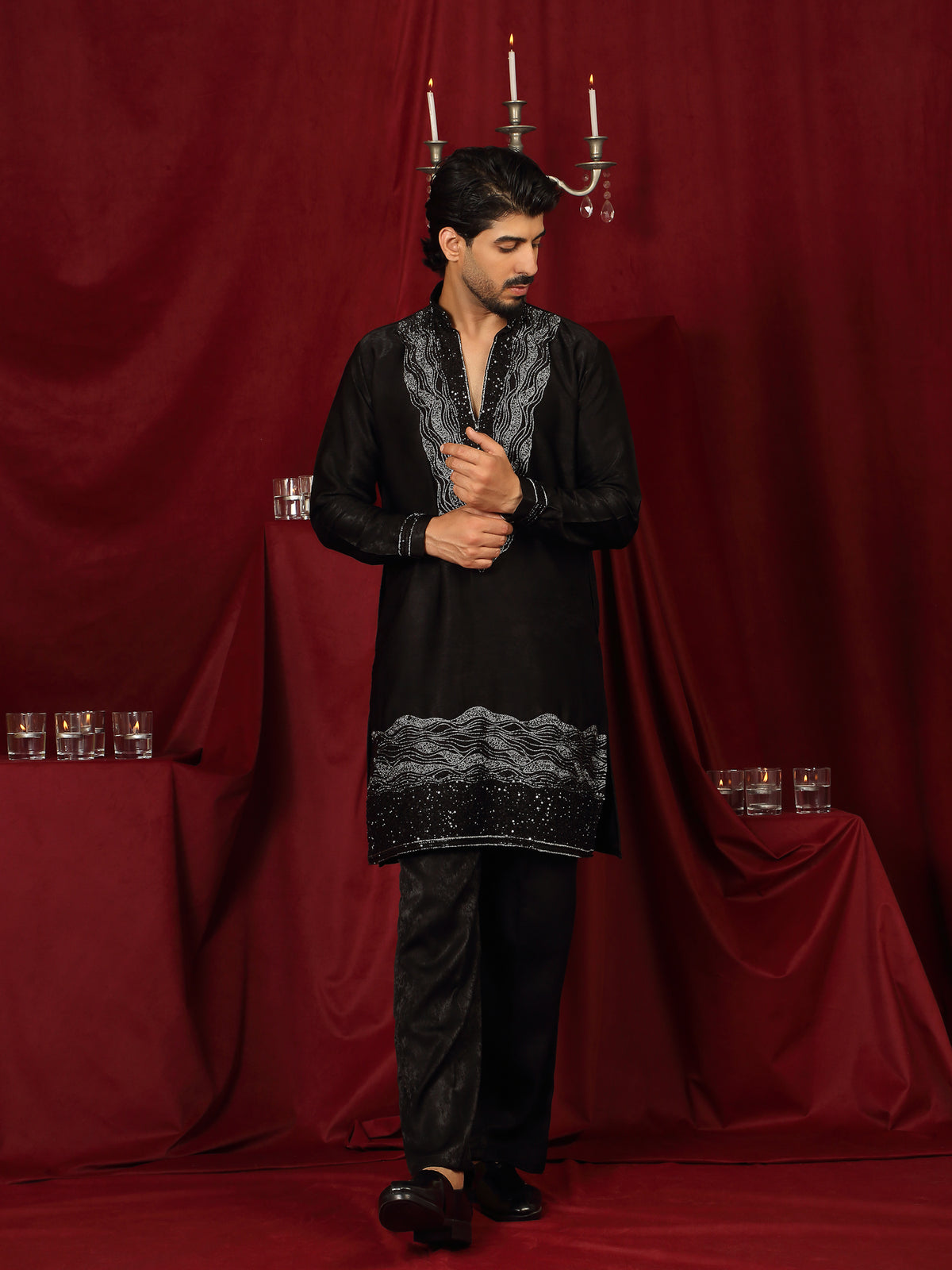 Luxe Men's Velvet Fabric Zari Embroidered with Beads & Sequin Work Kurta with Trouser Set - Black