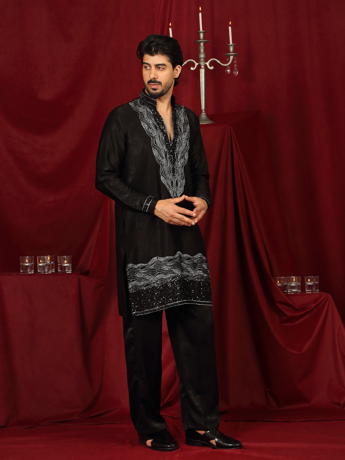 Luxe Men's Velvet Fabric Zari Embroidered with Beads & Sequin Work Kurta with Trouser Set - Black
