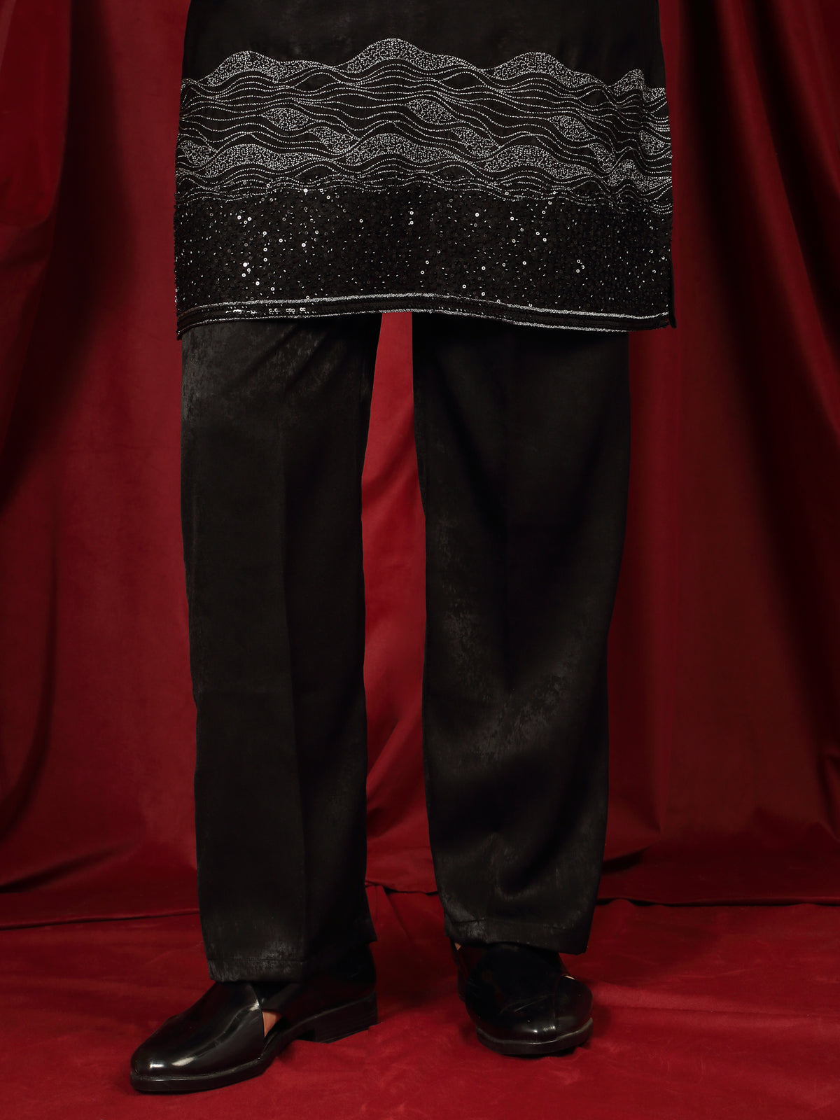 Luxe Men's Velvet Fabric Zari Embroidered with Beads & Sequin Work Kurta with Trouser Set - Black