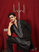 Luxe Men's Velvet Fabric Zari Embroidered with Beads & Sequin Work Kurta with Trouser Set - Black