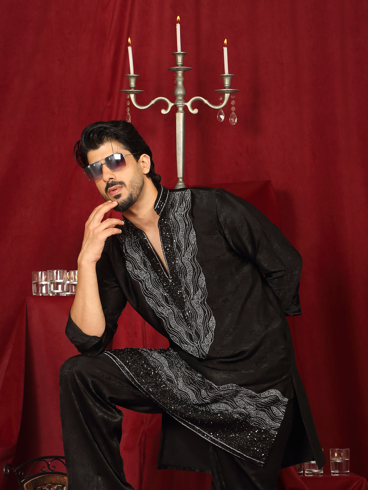 Luxe Men's Velvet Fabric Zari Embroidered with Beads & Sequin Work Kurta with Trouser Set - Black