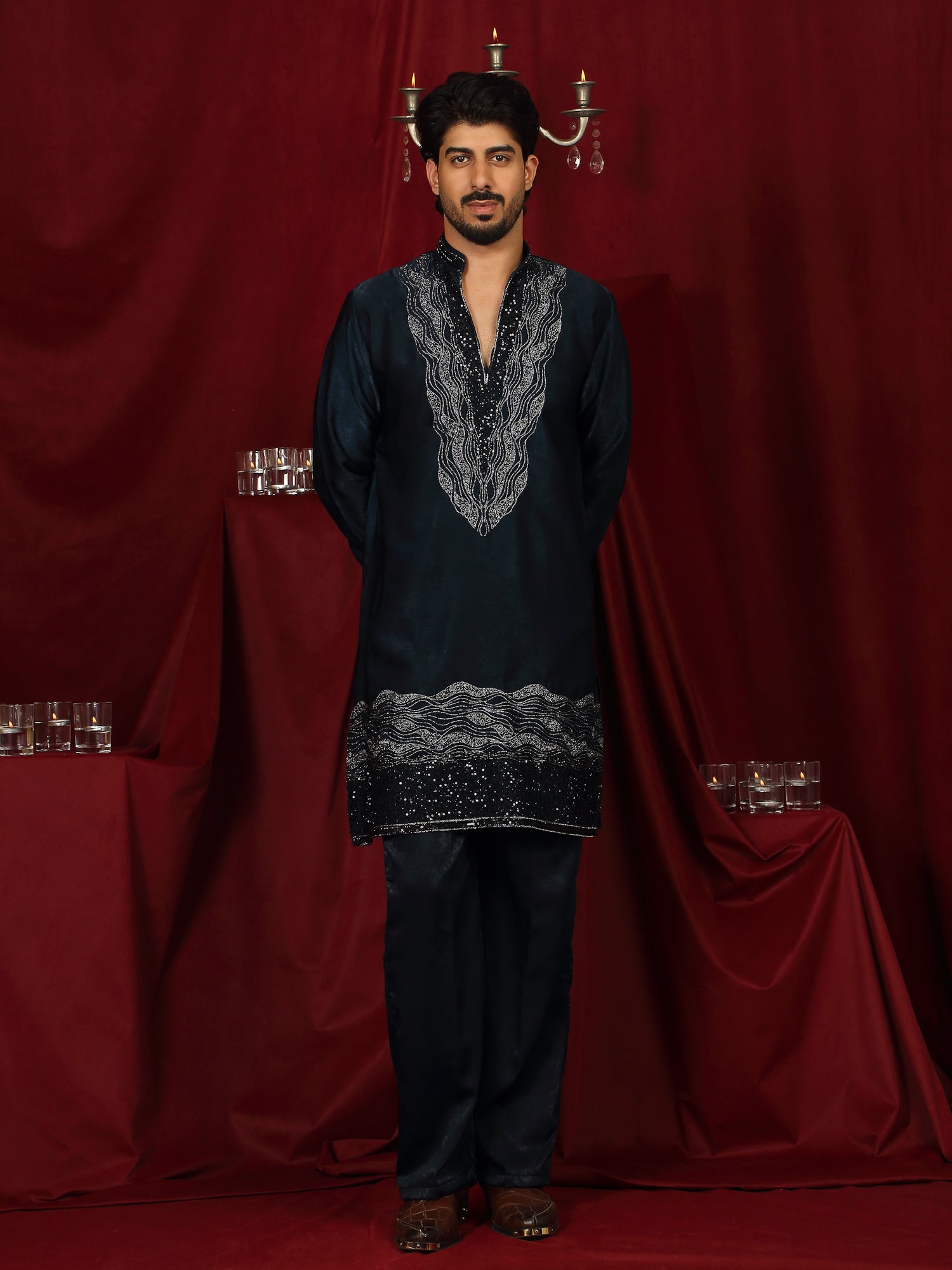 Luxe Men's Velvet Fabric Zari Embroidered with Beads & Sequin Work Kurta with Trouser Set - Teal Blue