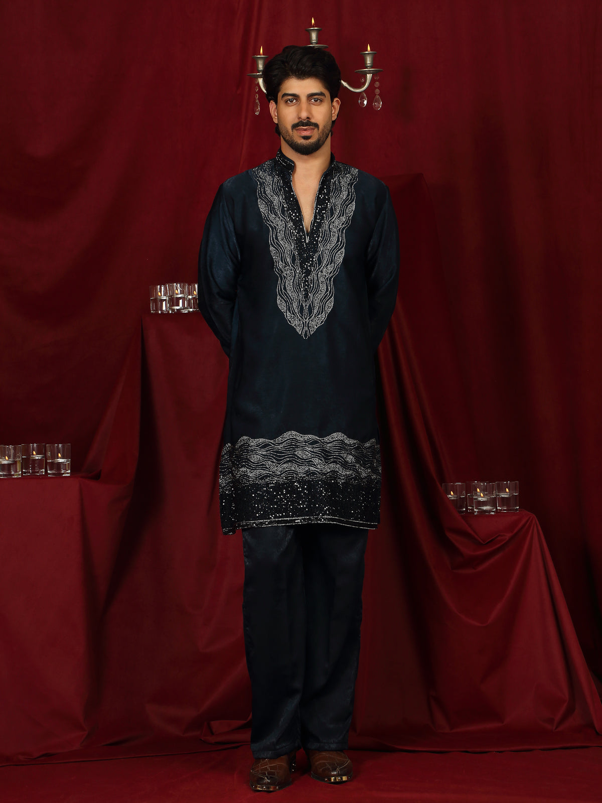 Luxe Men's Velvet Fabric Zari Embroidered with Beads & Sequin Work Kurta with Trouser Set - Teal Blue