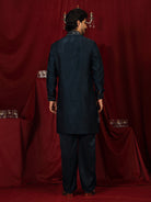 Luxe Men's Velvet Fabric Zari Embroidered with Beads & Sequin Work Kurta with Trouser Set - Teal Blue