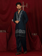Luxe Men's Velvet Fabric Zari Embroidered with Beads & Sequin Work Kurta with Trouser Set - Teal Blue