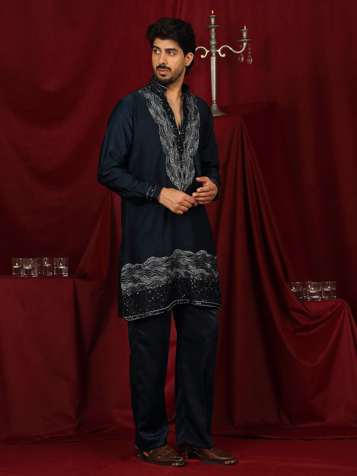 Luxe Men's Velvet Fabric Zari Embroidered with Beads & Sequin Work Kurta with Trouser Set - Teal Blue