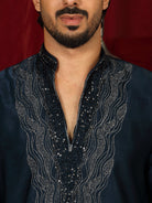 Luxe Men's Velvet Fabric Zari Embroidered with Beads & Sequin Work Kurta with Trouser Set - Teal Blue