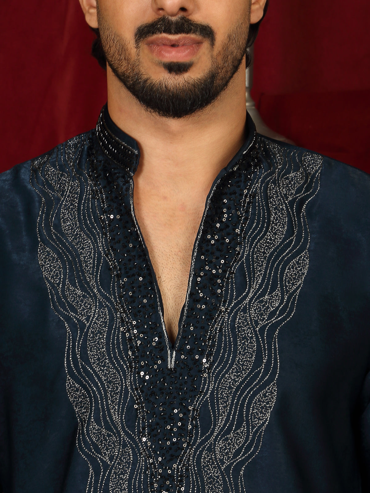 Luxe Men's Velvet Fabric Zari Embroidered with Beads & Sequin Work Kurta with Trouser Set - Teal Blue