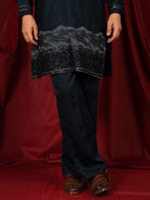 Luxe Men's Velvet Fabric Zari Embroidered with Beads & Sequin Work Kurta with Trouser Set - Teal Blue