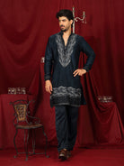 Luxe Men's Velvet Fabric Zari Embroidered with Beads & Sequin Work Kurta with Trouser Set - Teal Blue
