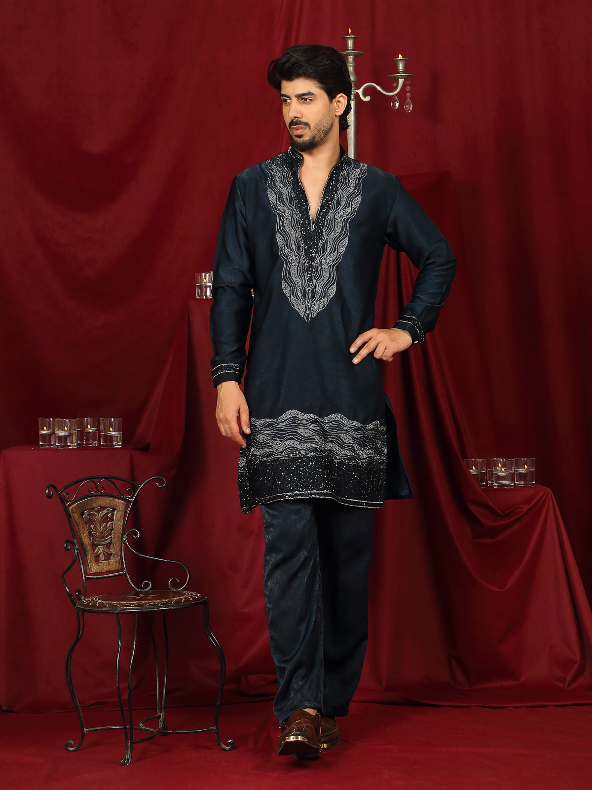Luxe Men's Velvet Fabric Zari Embroidered with Beads & Sequin Work Kurta with Trouser Set - Teal Blue