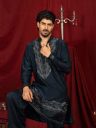 Luxe Men's Velvet Fabric Zari Embroidered with Beads & Sequin Work Kurta with Trouser Set - Teal Blue