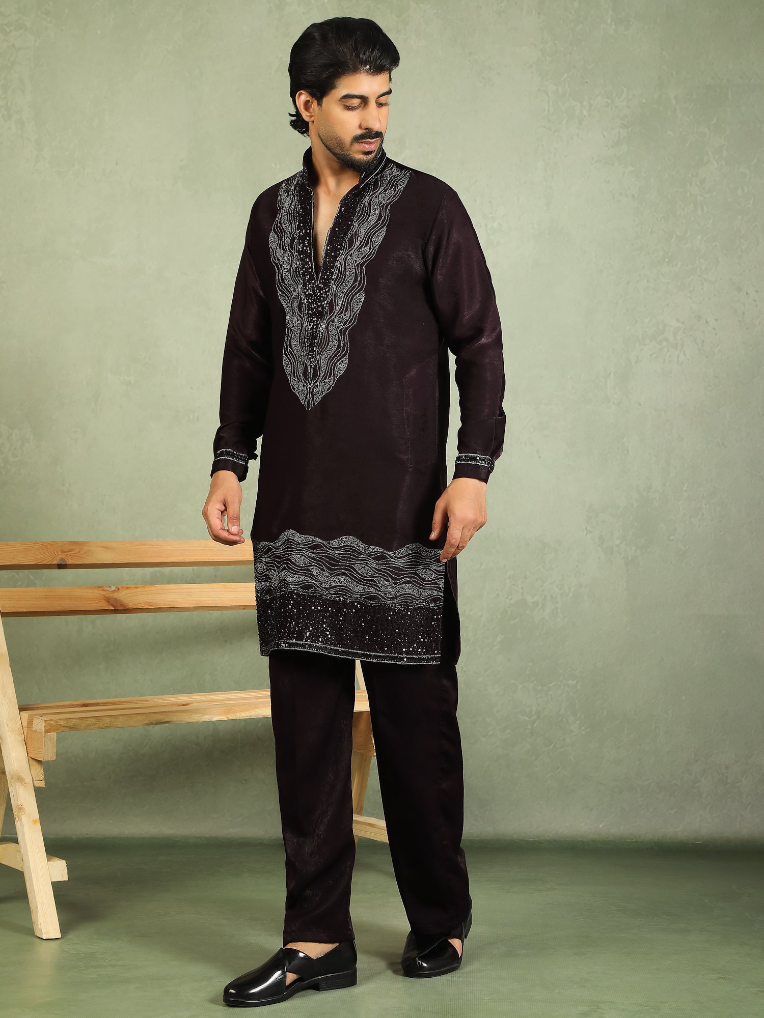 Luxe Men's Velvet Fabric Zari Embroidered with Beads & Sequin Work Kurta with Trouser Set - Wine