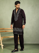 Luxe Men's Velvet Fabric Zari Embroidered with Beads & Sequin Work Kurta with Trouser Set - Wine