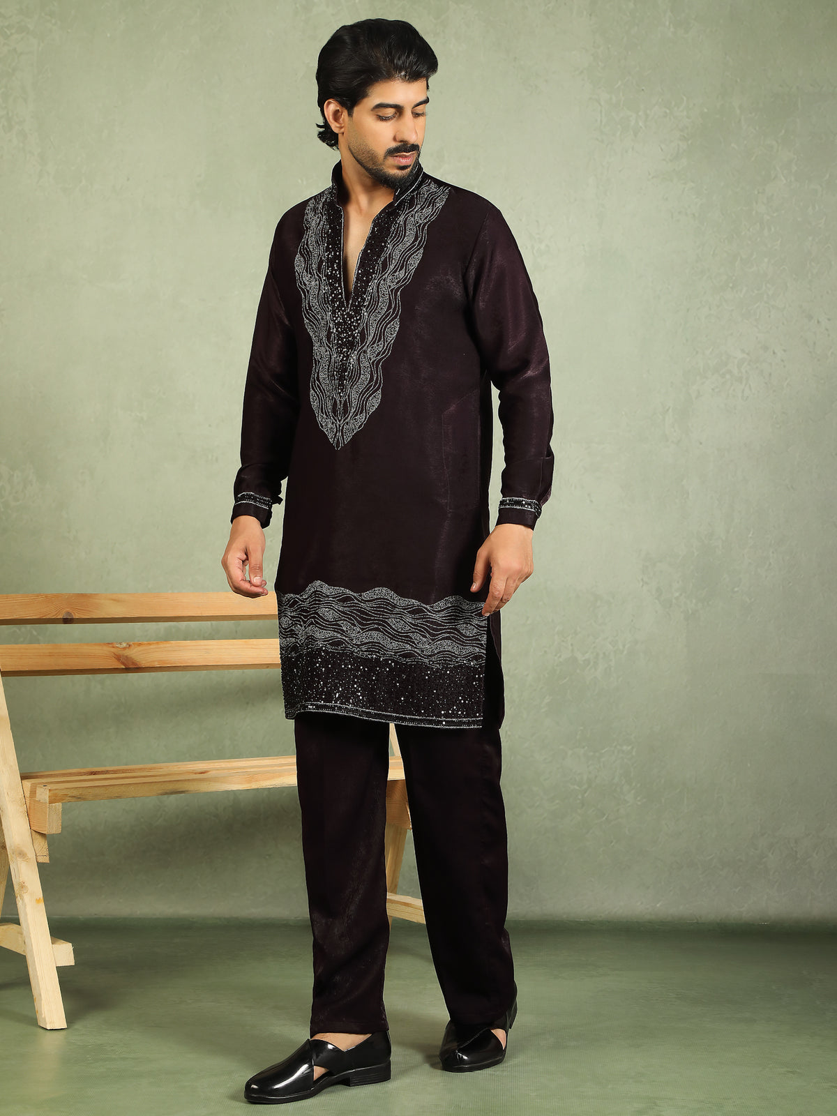 Luxe Men's Velvet Fabric Zari Embroidered with Beads & Sequin Work Kurta with Trouser Set - Wine