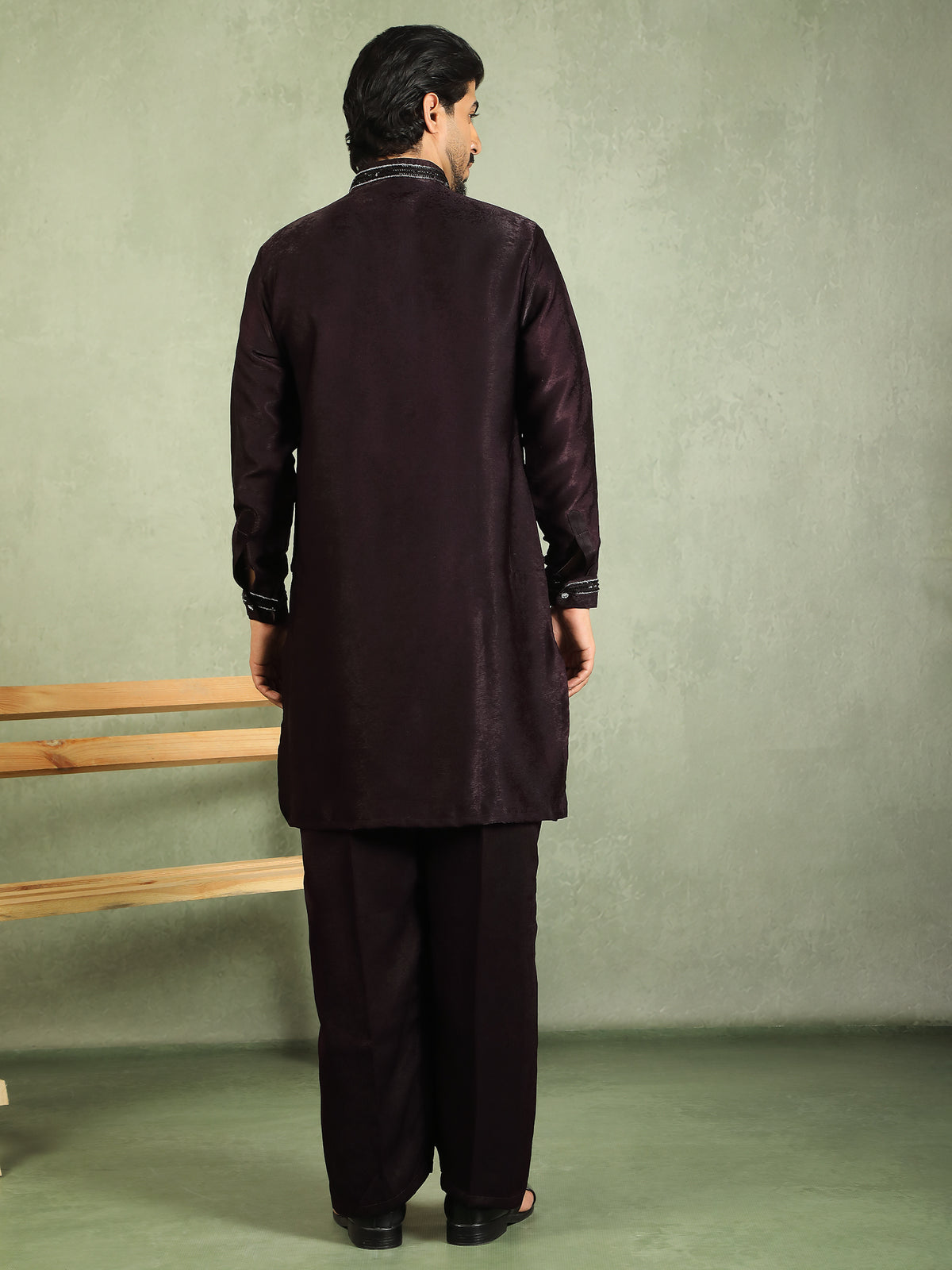 Luxe Men's Velvet Fabric Zari Embroidered with Beads & Sequin Work Kurta with Trouser Set - Wine